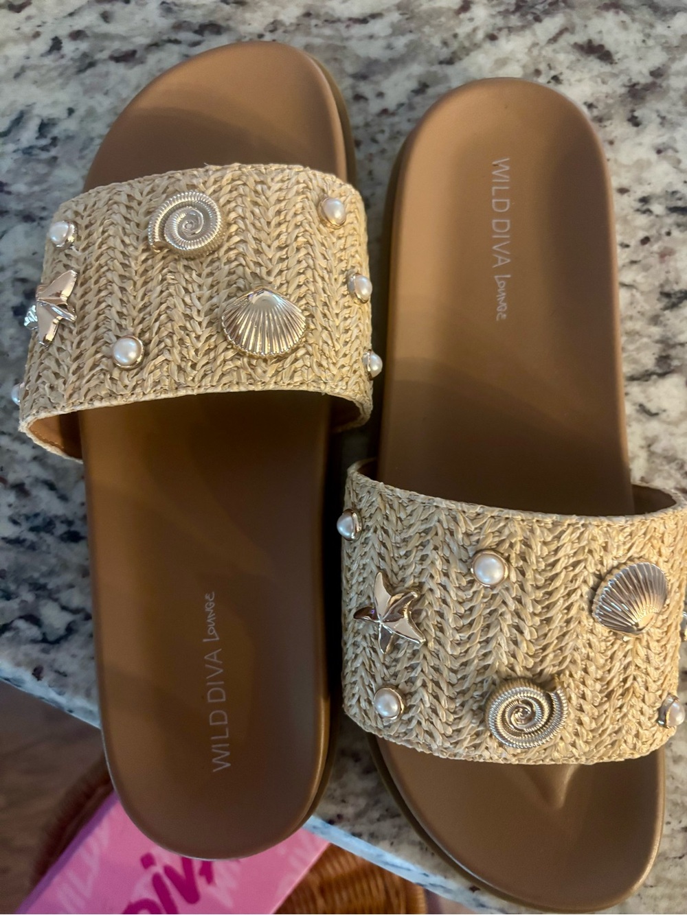 Wild Diva tan woven shell-embellished slide sandals